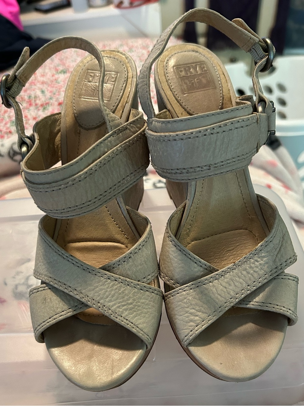 Frye Light Taupe Leather Crisscross Platform Sandals